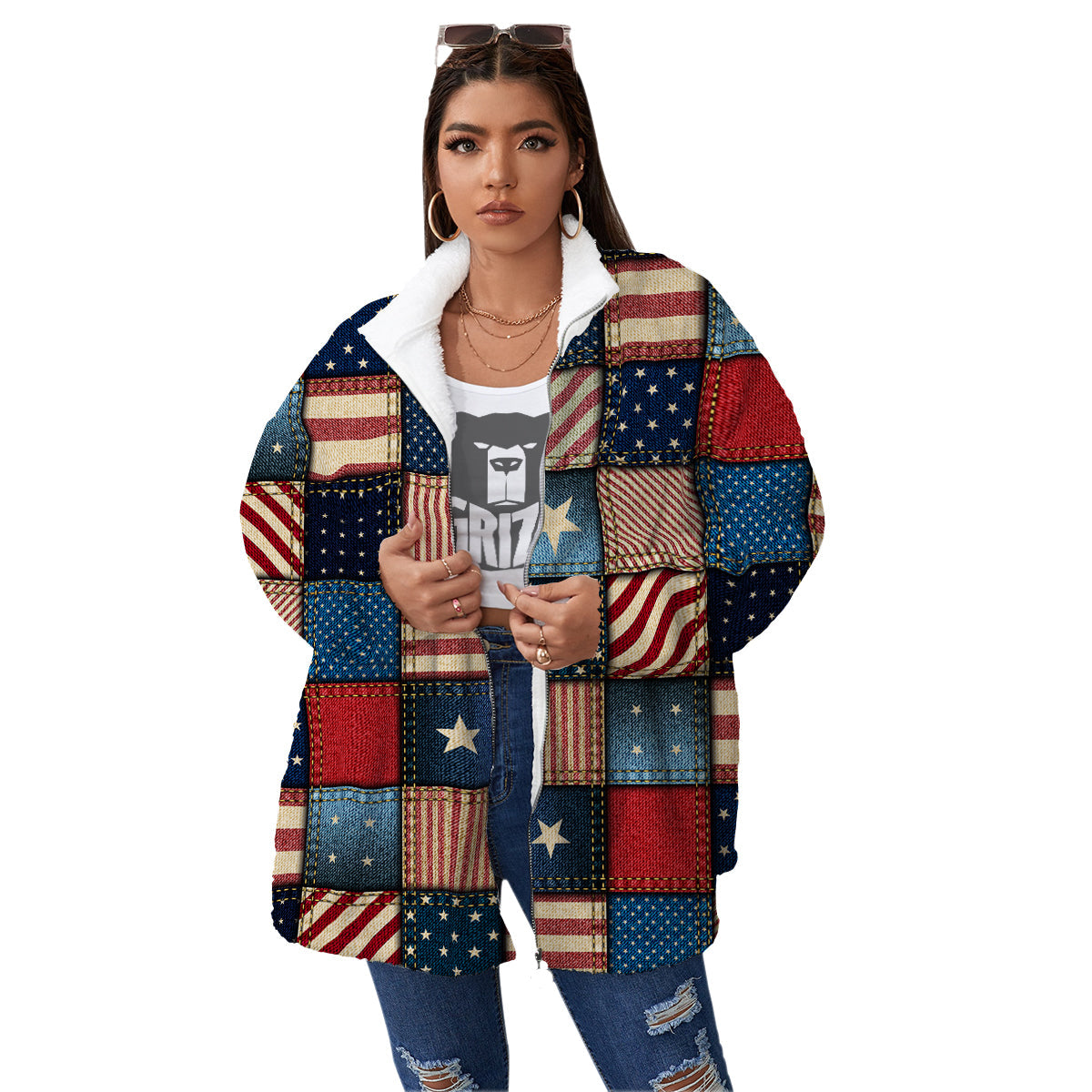 Patchwork Denim American Print Pattern Women's Sherpa Jacket-grizzshop