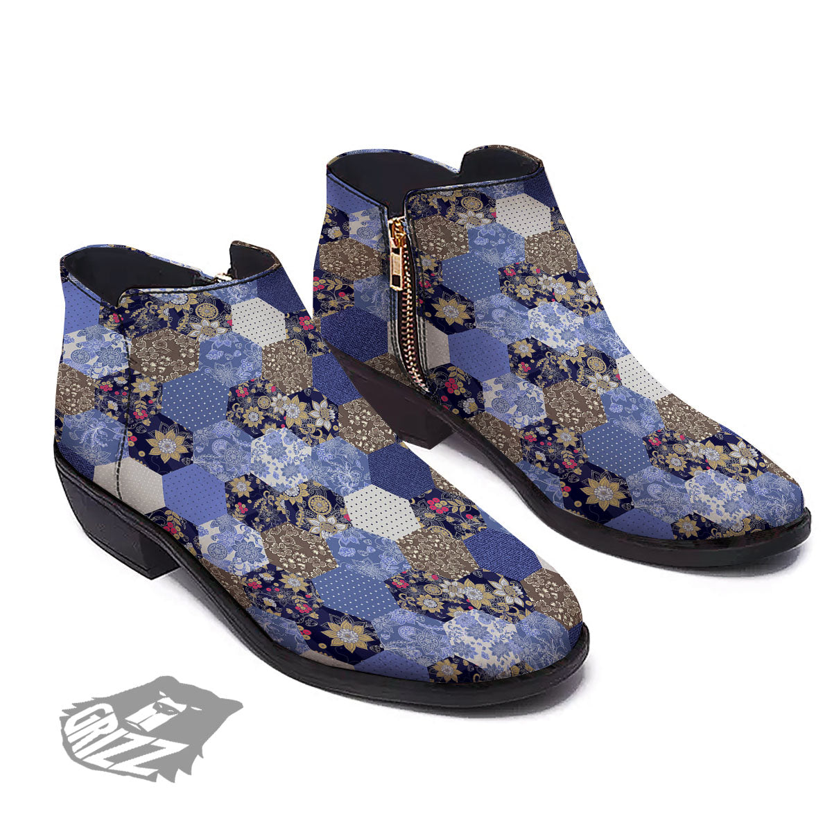 Patchwork Denim And Plaid Print Pattern Ankle Boots-grizzshop