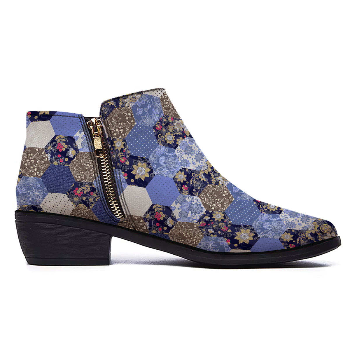 Patchwork Denim And Plaid Print Pattern Ankle Boots-grizzshop