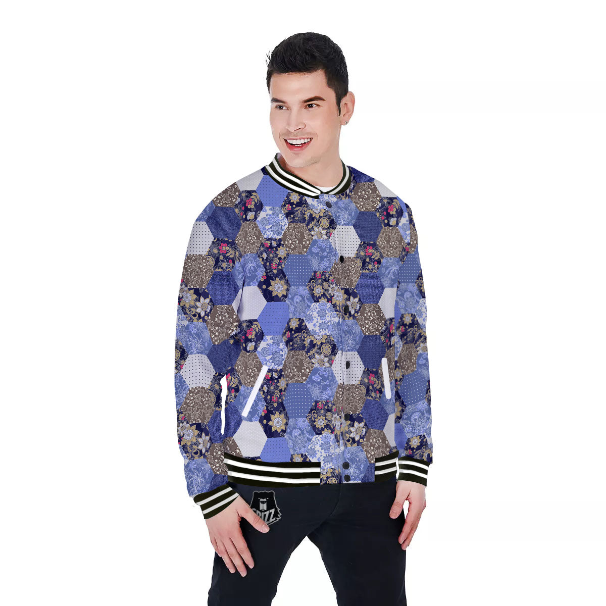 Patchwork Denim And Plaid Print Pattern Baseball Jacket-grizzshop