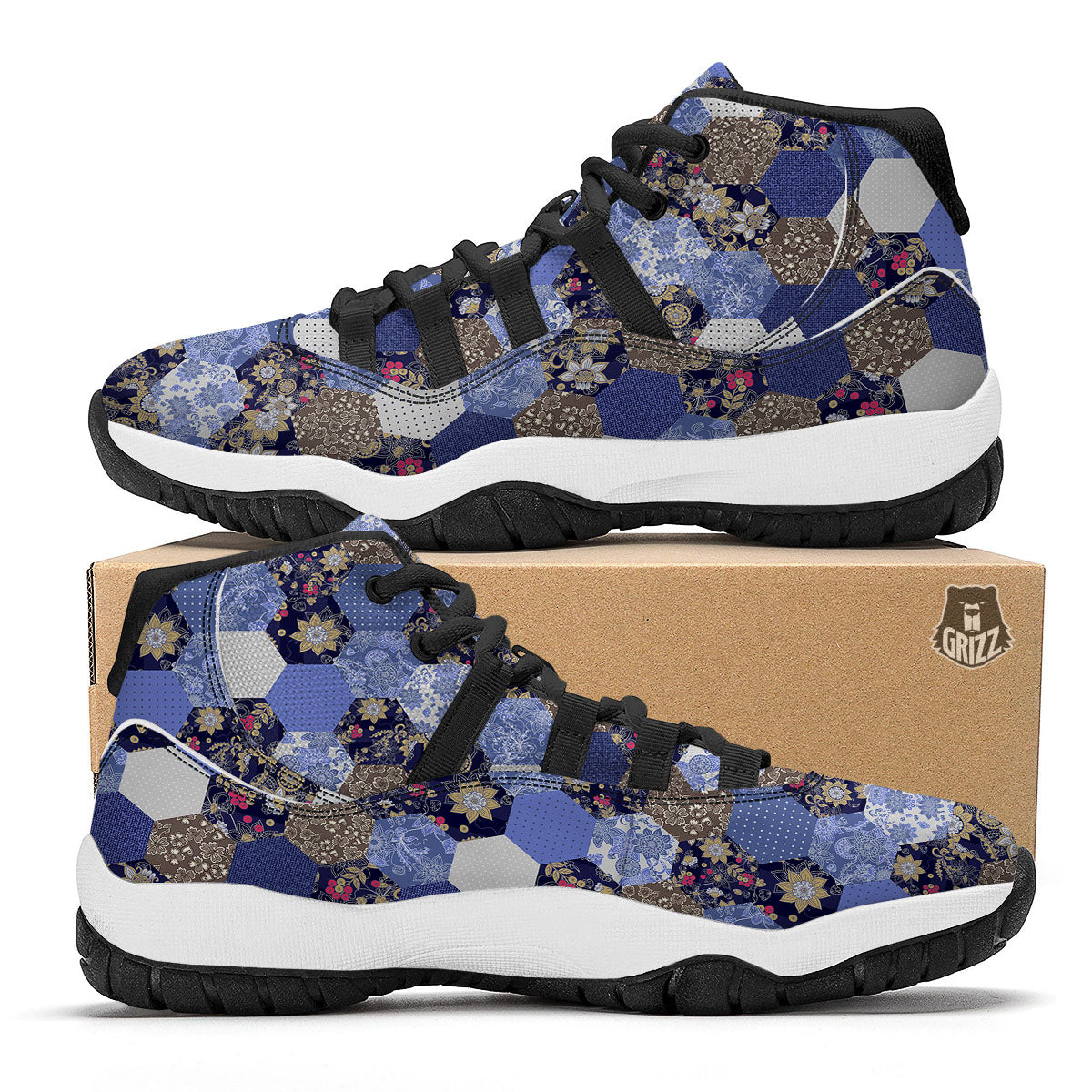 Patchwork Denim And Plaid Print Pattern Black Bball Shoes-grizzshop