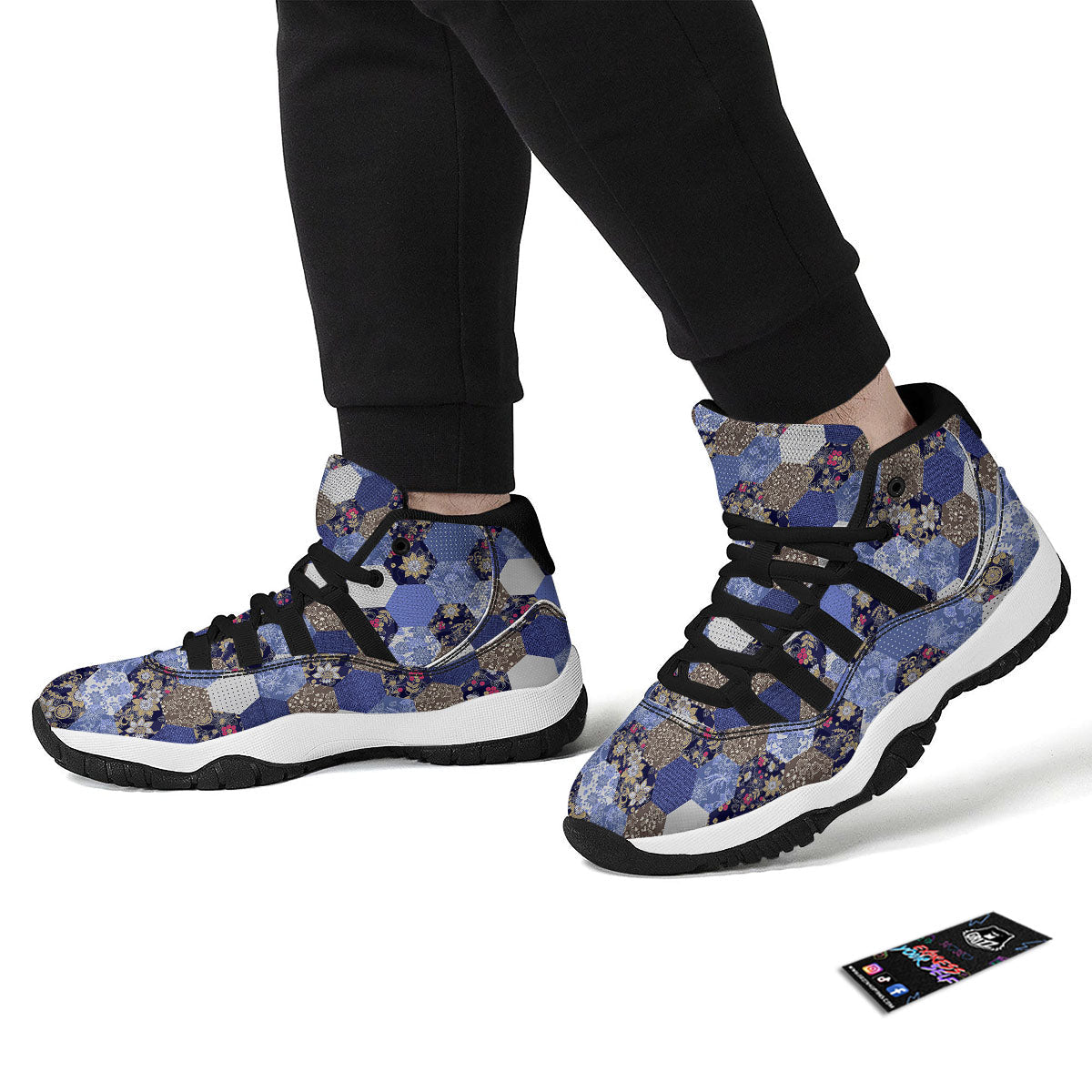 Patchwork Denim And Plaid Print Pattern Black Bball Shoes-grizzshop