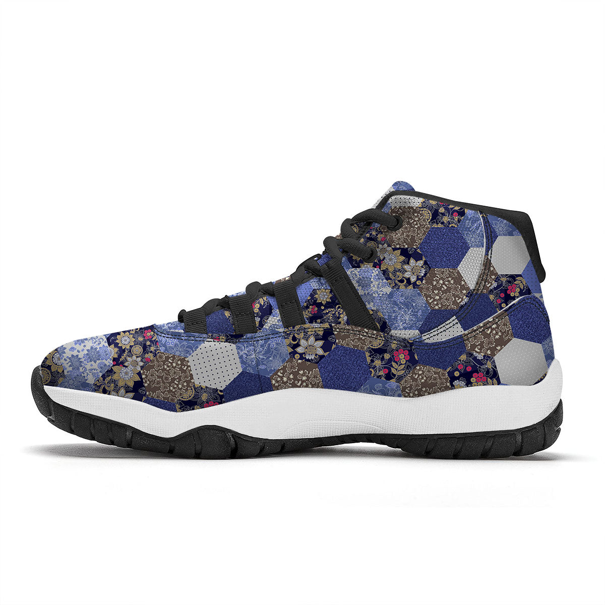 Patchwork Denim And Plaid Print Pattern Black Bball Shoes-grizzshop