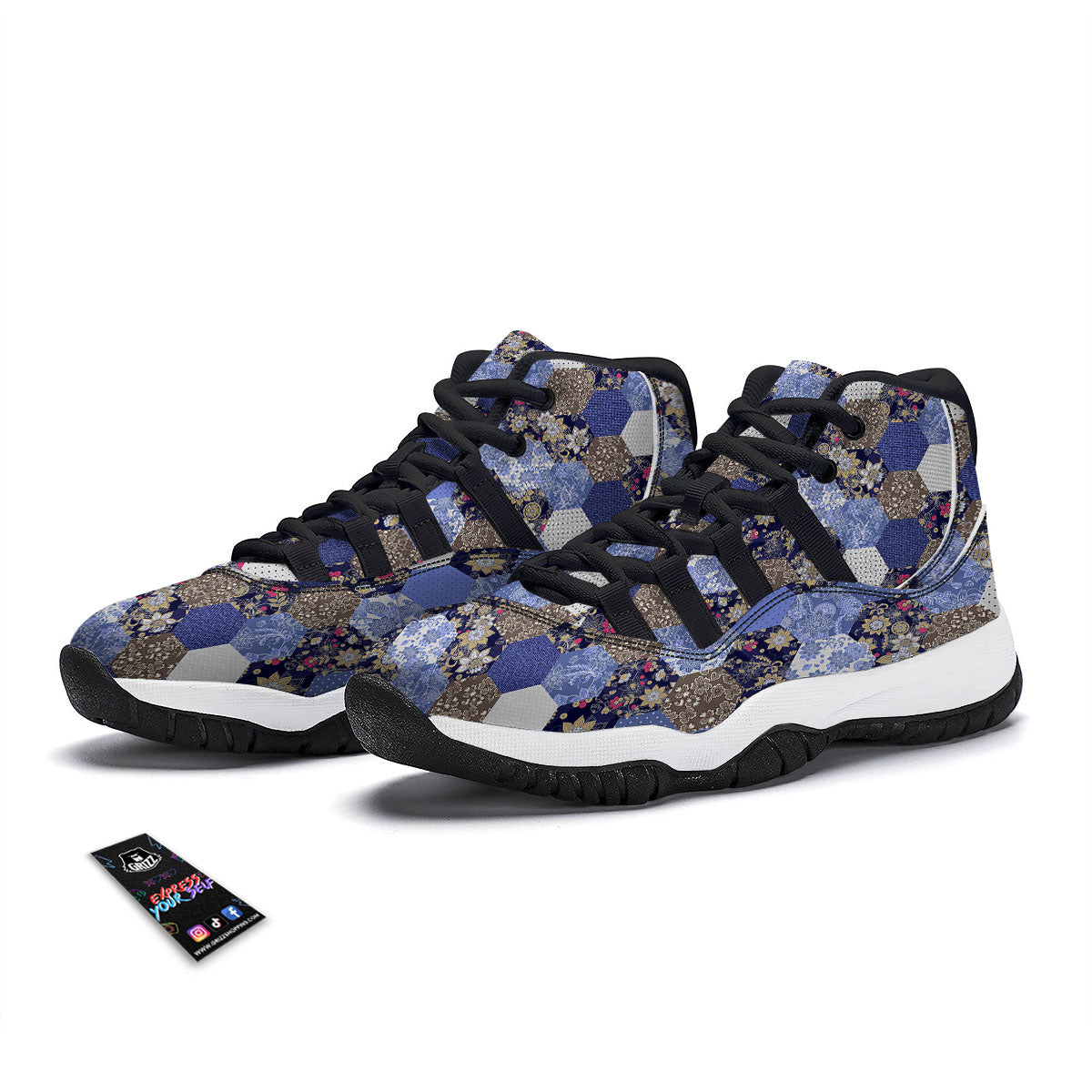 Patchwork Denim And Plaid Print Pattern Black Bball Shoes-grizzshop