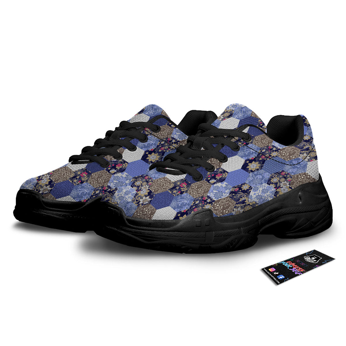 Patchwork Denim And Plaid Print Pattern Black Chunky Shoes-grizzshop