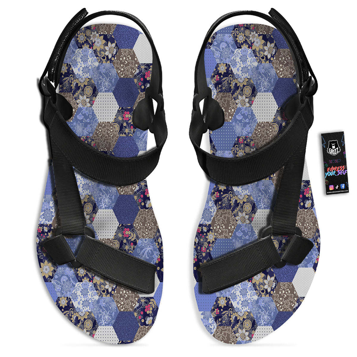 Patchwork Denim And Plaid Print Pattern Black Open Toe Sandals-grizzshop