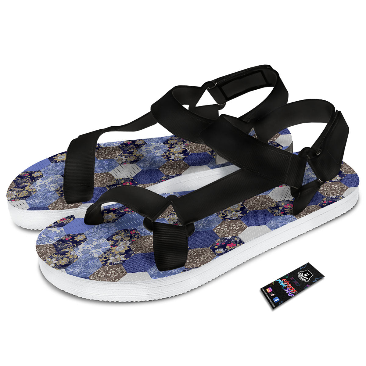 Patchwork Denim And Plaid Print Pattern Black Open Toe Sandals-grizzshop
