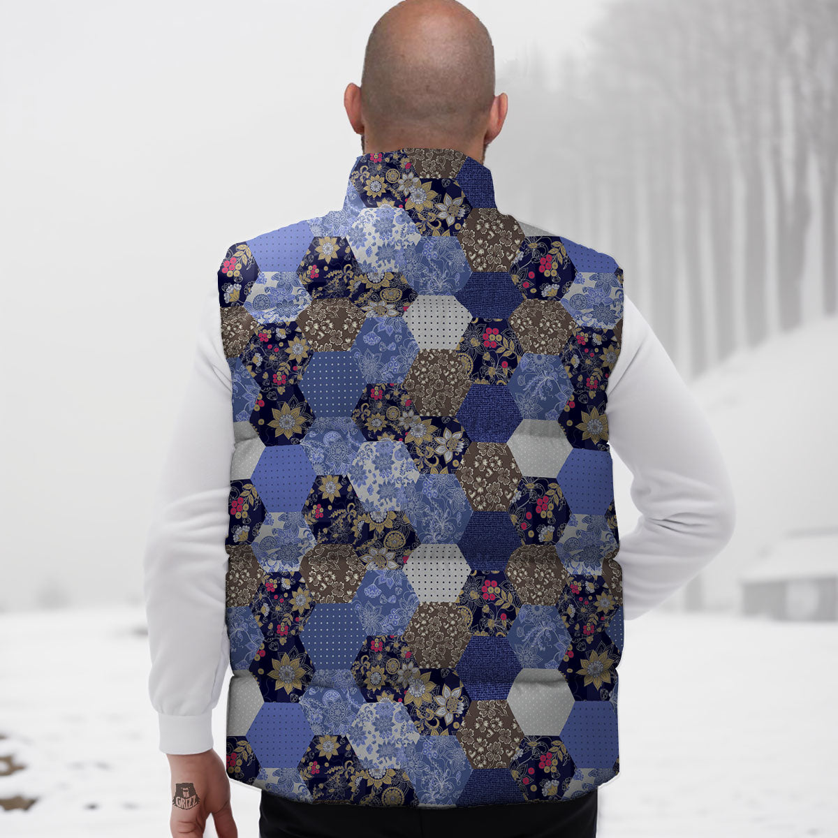Patchwork Denim And Plaid Print Pattern Down Vest
