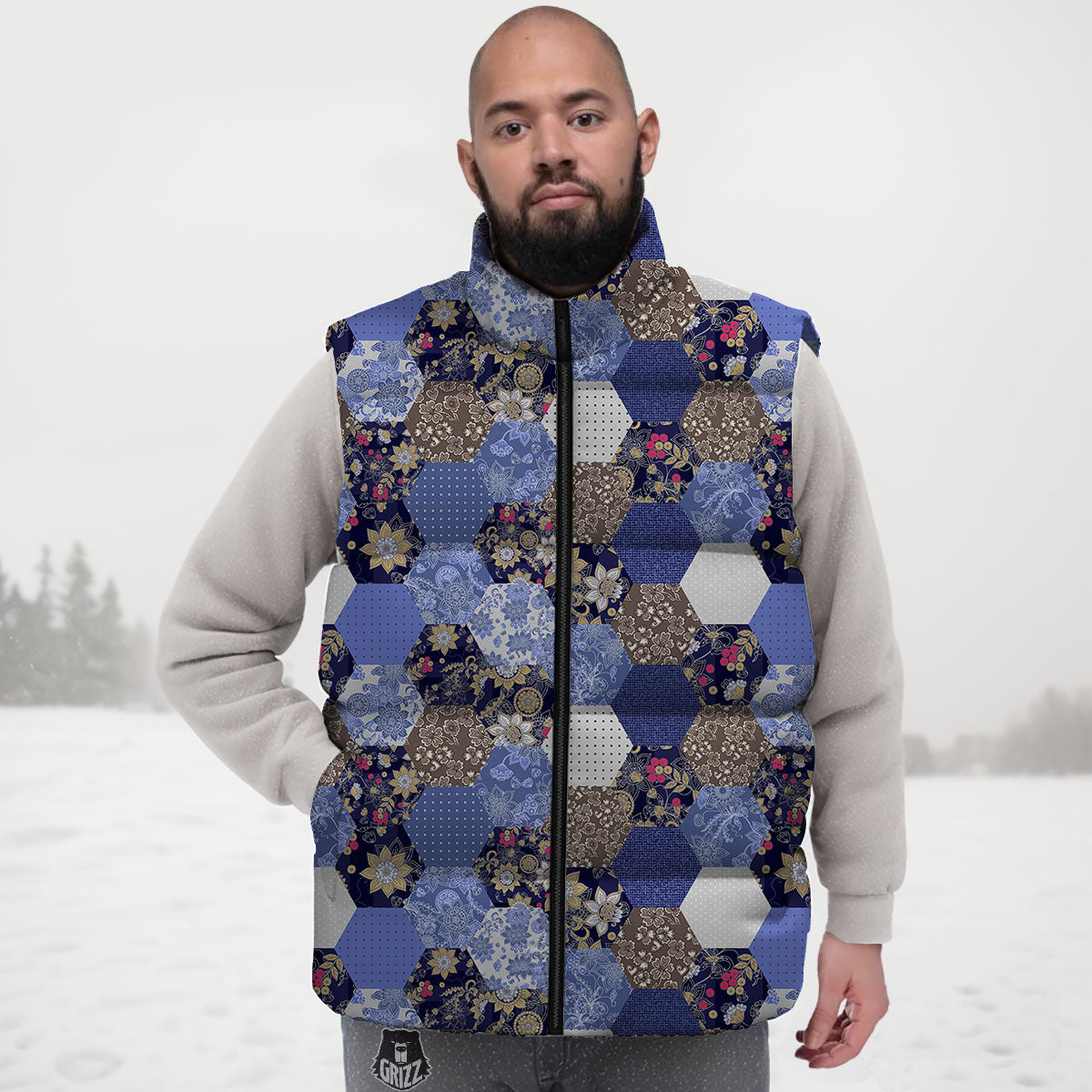 Patchwork Denim And Plaid Print Pattern Down Vest