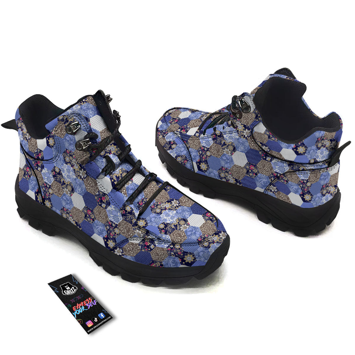 Patchwork Denim And Plaid Print Pattern Hiking Shoes-grizzshop