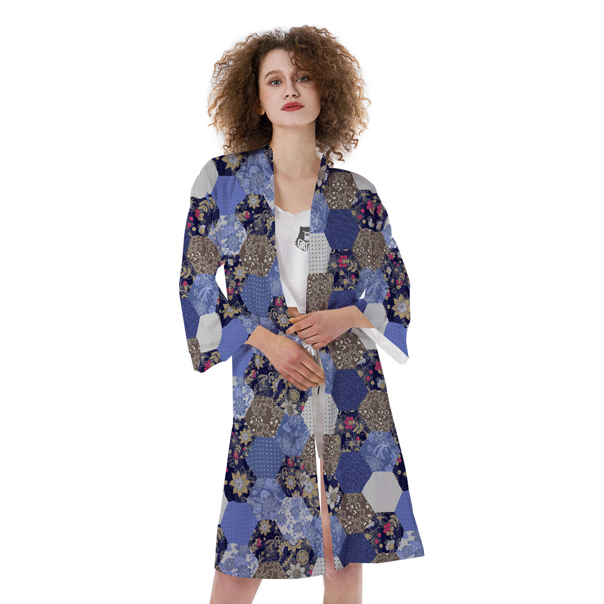 Patchwork Denim And Plaid Print Pattern Kimono-grizzshop