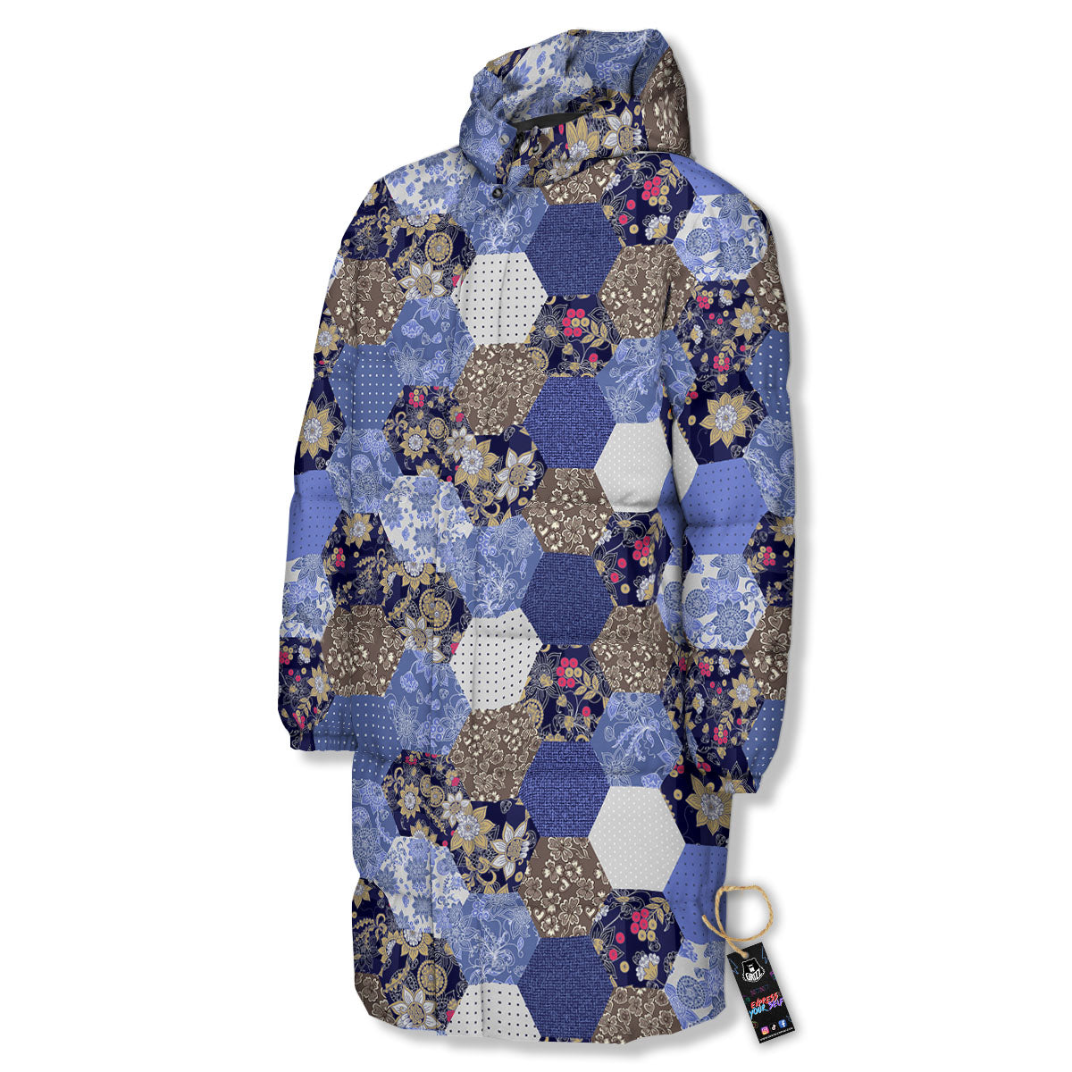 Patchwork Denim And Plaid Print Pattern Long Down Jacket-grizzshop
