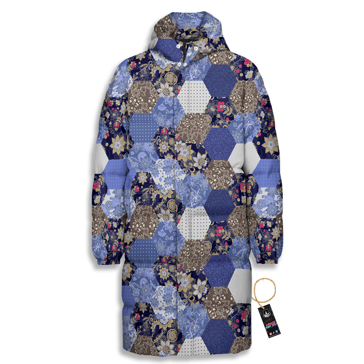 Patchwork Denim And Plaid Print Pattern Long Down Jacket-grizzshop