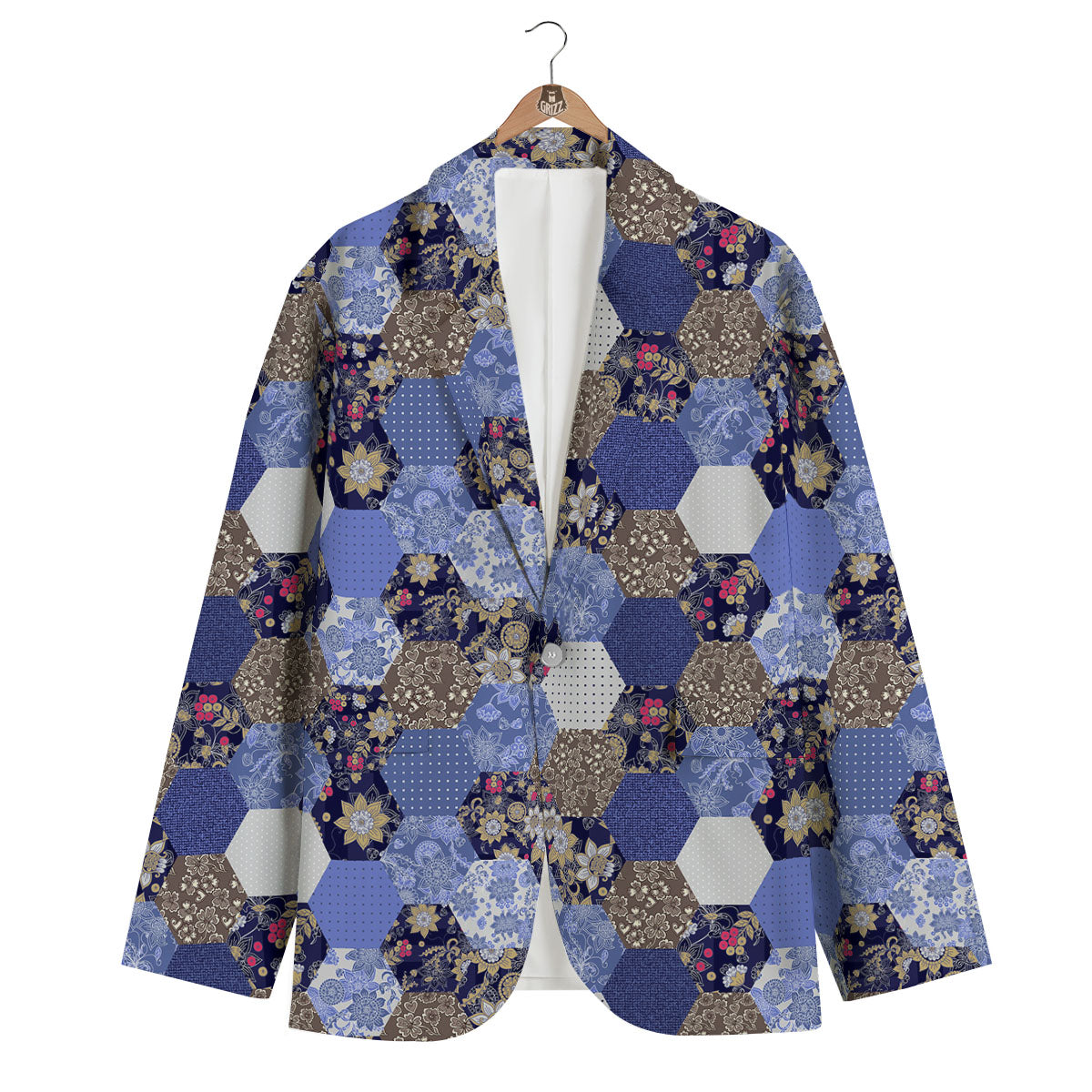 Patchwork Denim And Plaid Print Pattern Men's Blazer-grizzshop