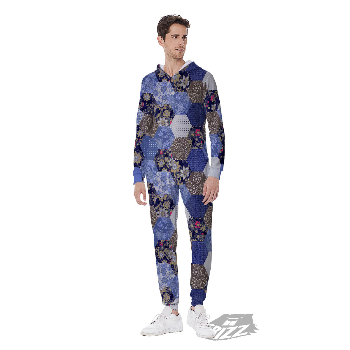 Patchwork Denim And Plaid Print Pattern Men's Jumpsuit-grizzshop