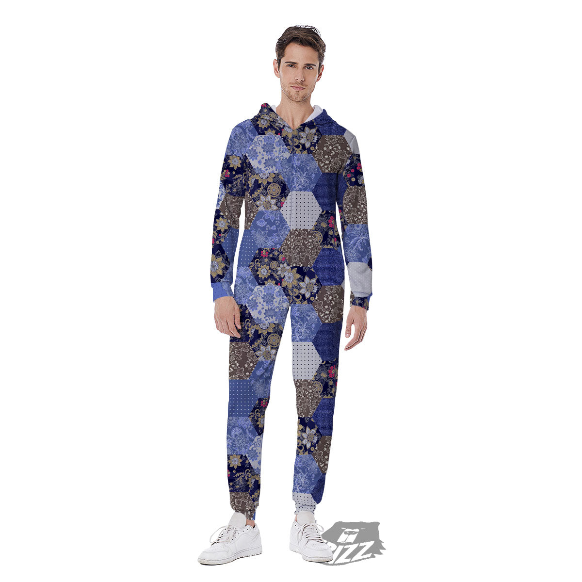 Patchwork Denim And Plaid Print Pattern Men's Jumpsuit-grizzshop