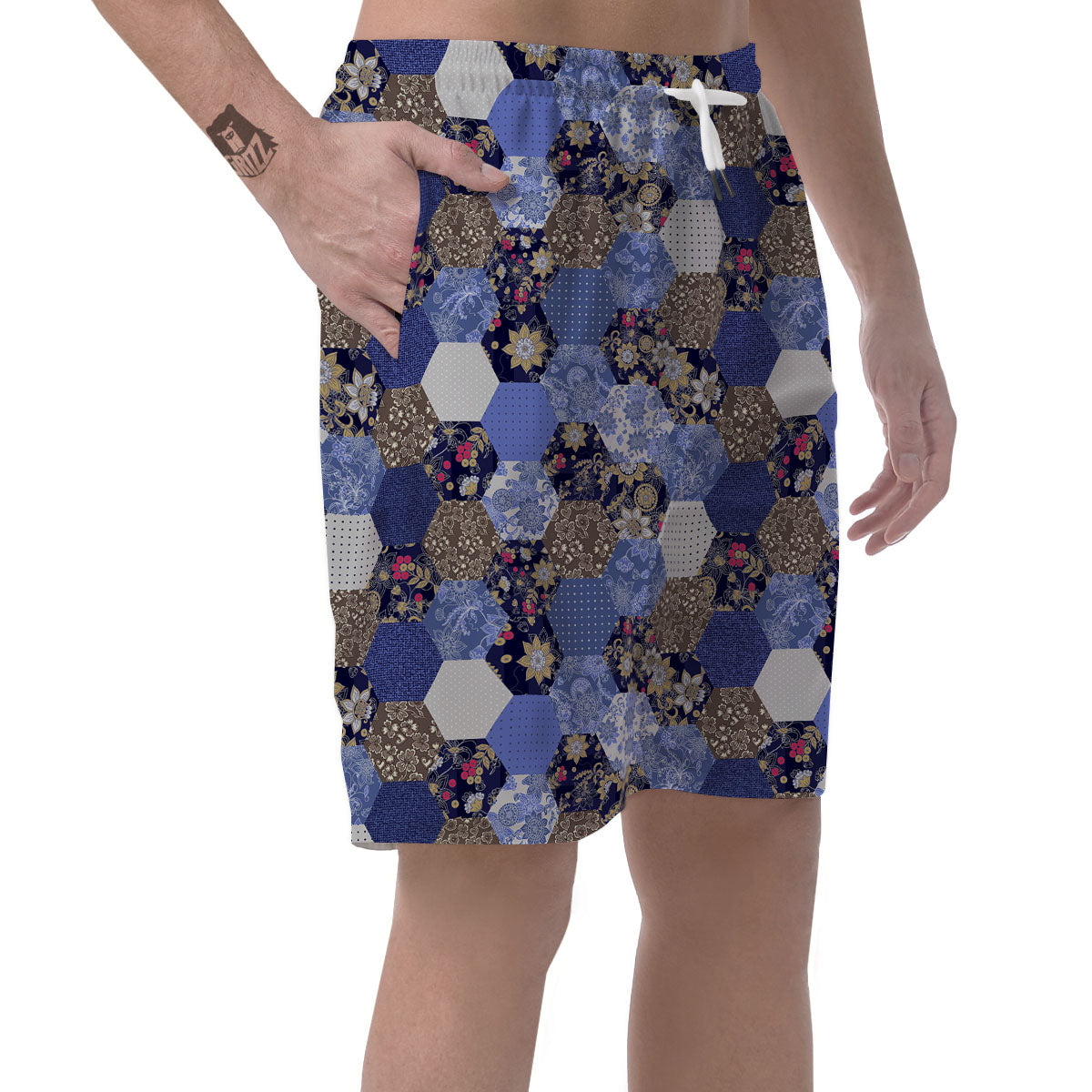 Patchwork Denim And Plaid Print Pattern Men's Shorts-grizzshop