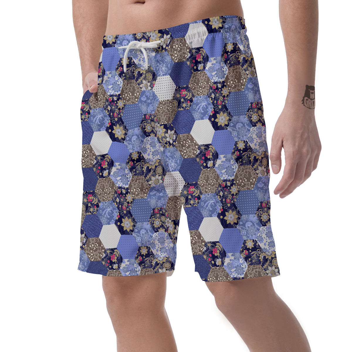 Patchwork Denim And Plaid Print Pattern Men's Shorts-grizzshop