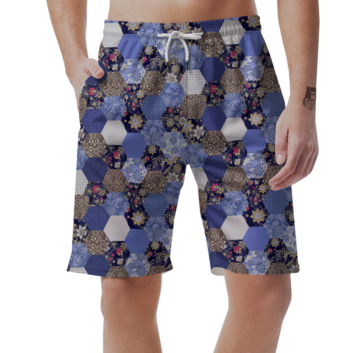 Patchwork Denim And Plaid Print Pattern Men's Shorts-grizzshop