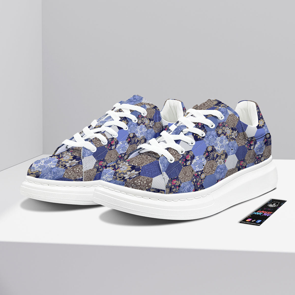 Patchwork Denim And Plaid Print Pattern Platform Shoes-grizzshop
