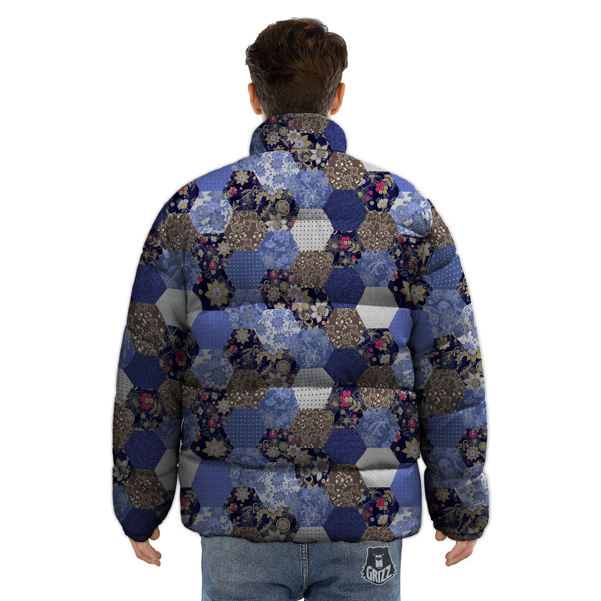 Patchwork Denim And Plaid Print Pattern Puffer Jacket-grizzshop