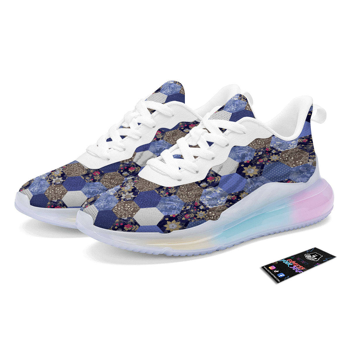 Patchwork Denim And Plaid Print Pattern Running Sneakers-grizzshop