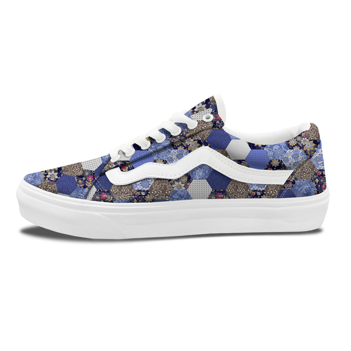 Patchwork Denim And Plaid Print Pattern Skate Shoes-grizzshop