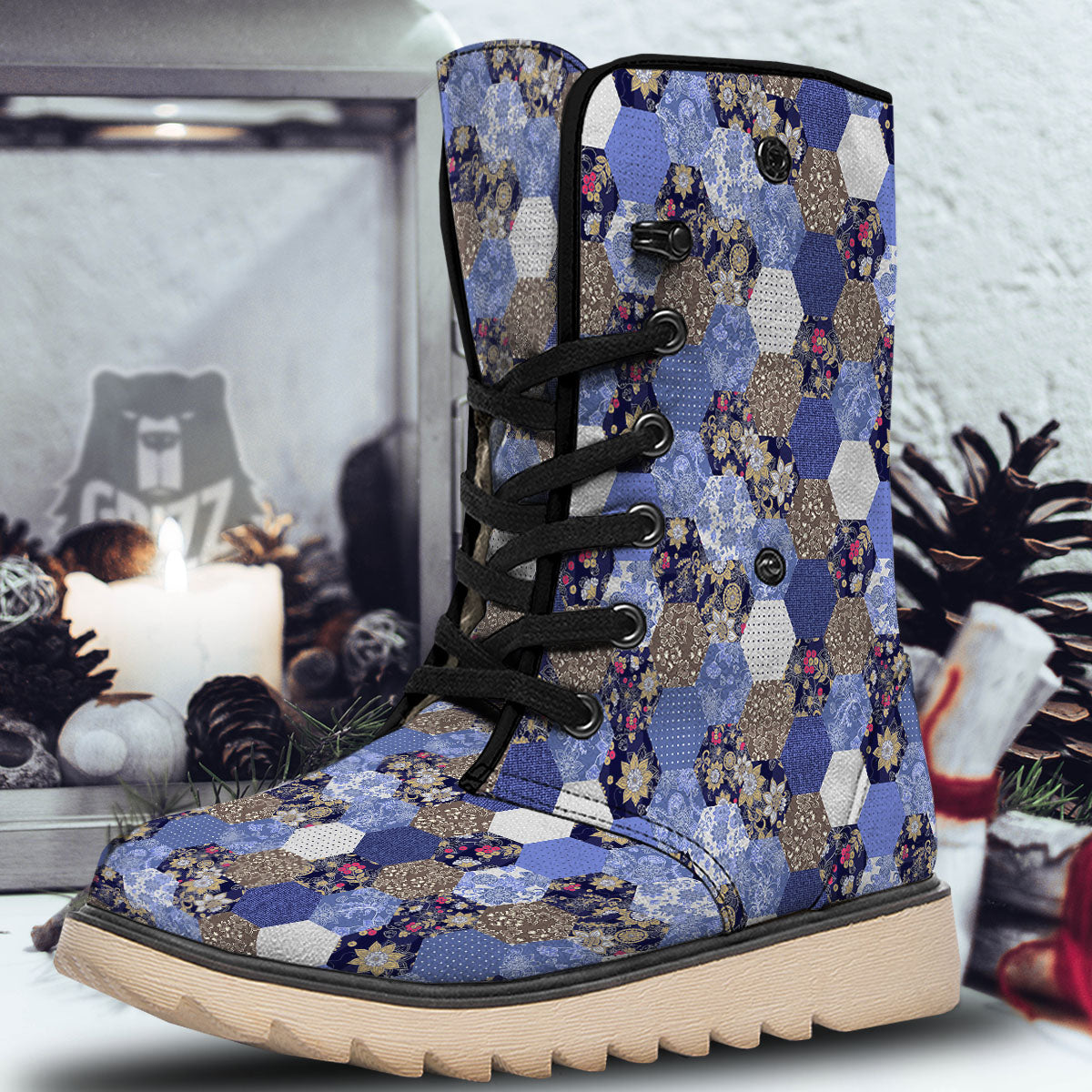 Patchwork Denim And Plaid Print Pattern Snow Boots-grizzshop