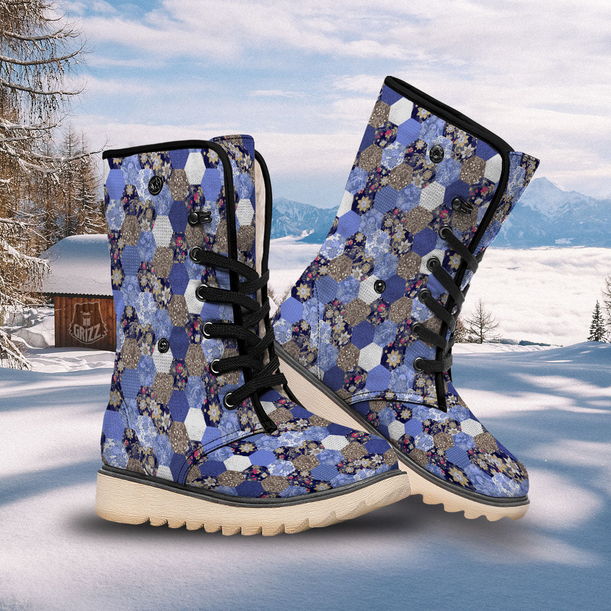 Patchwork Denim And Plaid Print Pattern Snow Boots-grizzshop