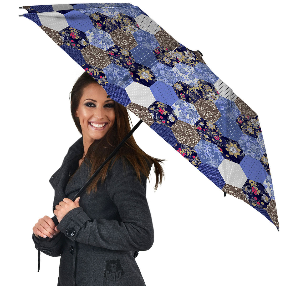 Patchwork Denim And Plaid Print Pattern Umbrella-grizzshop