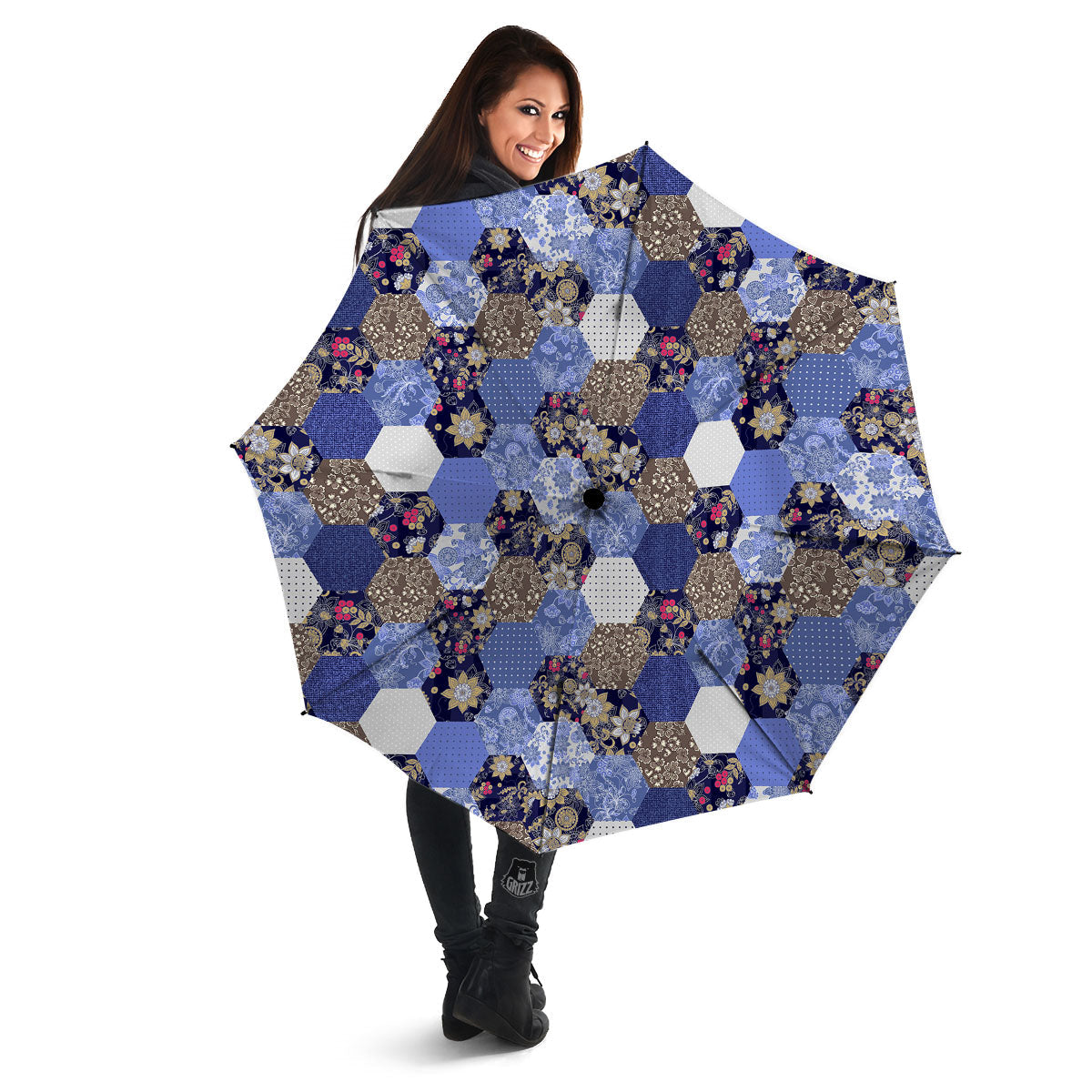 Patchwork Denim And Plaid Print Pattern Umbrella-grizzshop