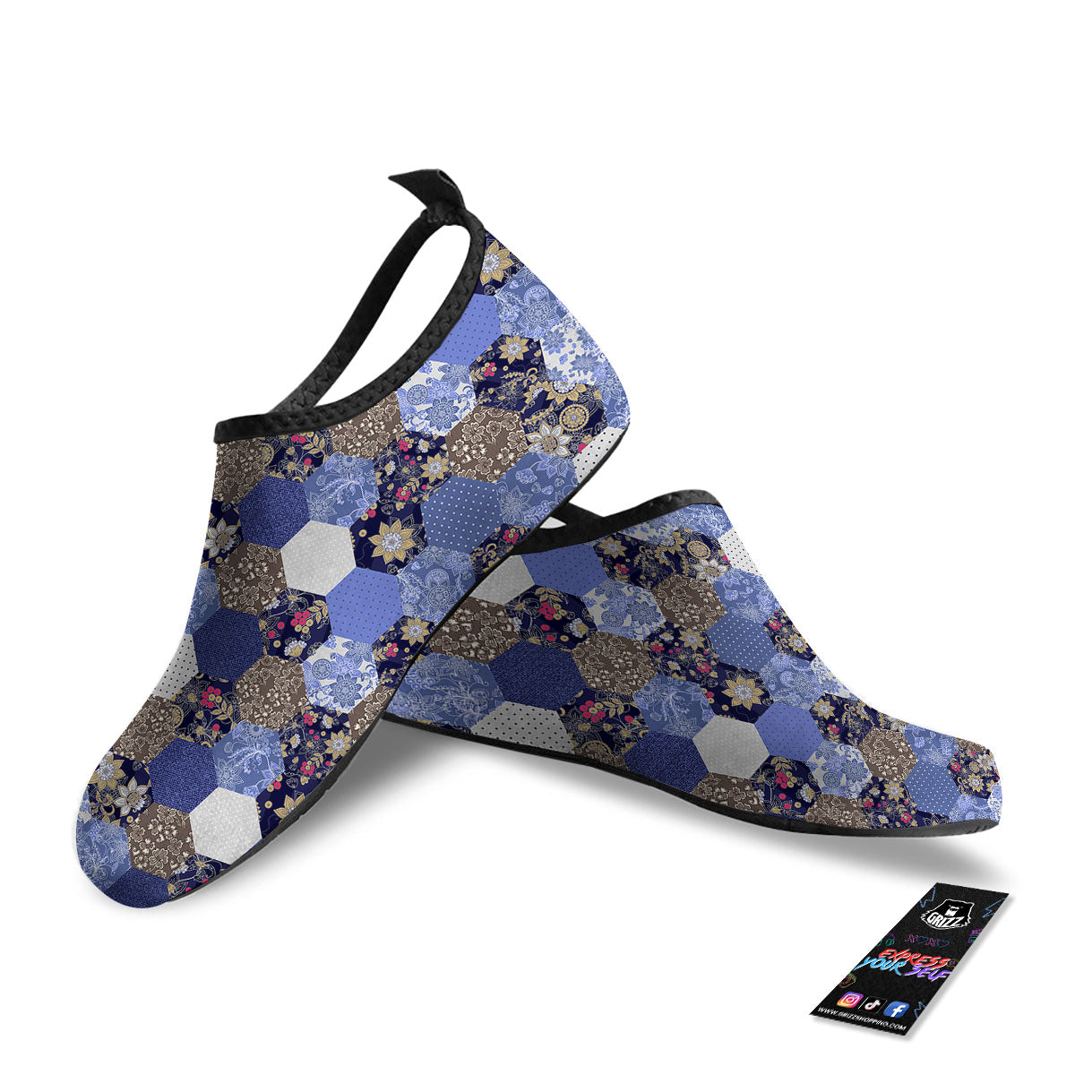 Patchwork Denim And Plaid Print Pattern Water Shoes-grizzshop