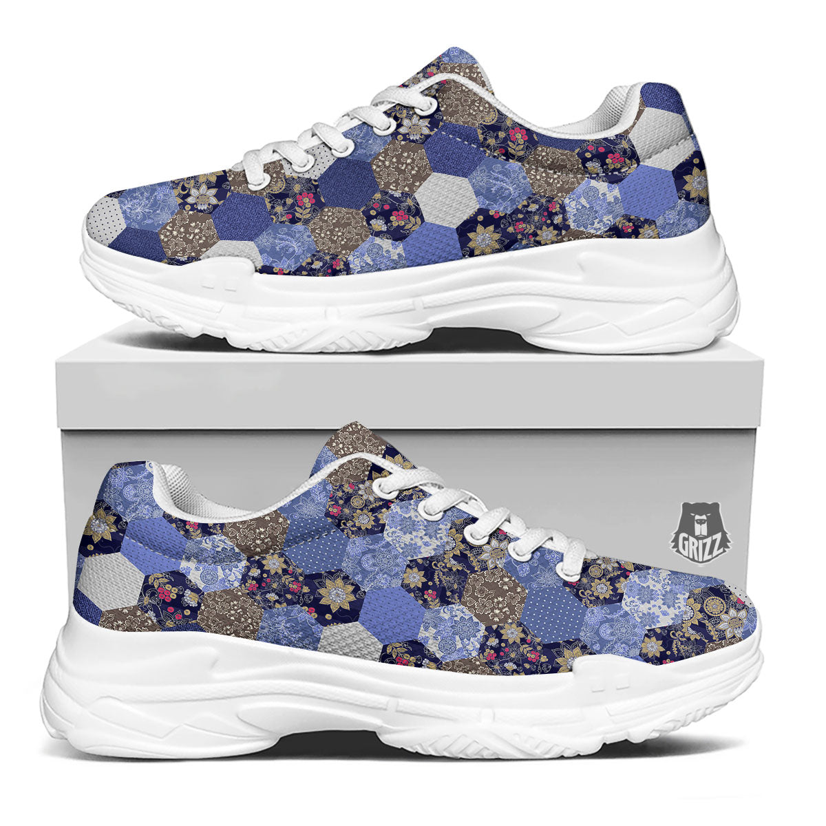Patchwork Denim And Plaid Print Pattern White Chunky Shoes-grizzshop