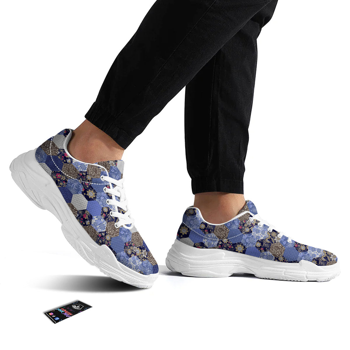 Patchwork Denim And Plaid Print Pattern White Chunky Shoes-grizzshop