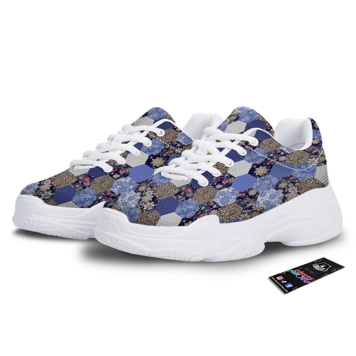 Patchwork Denim And Plaid Print Pattern White Chunky Shoes-grizzshop