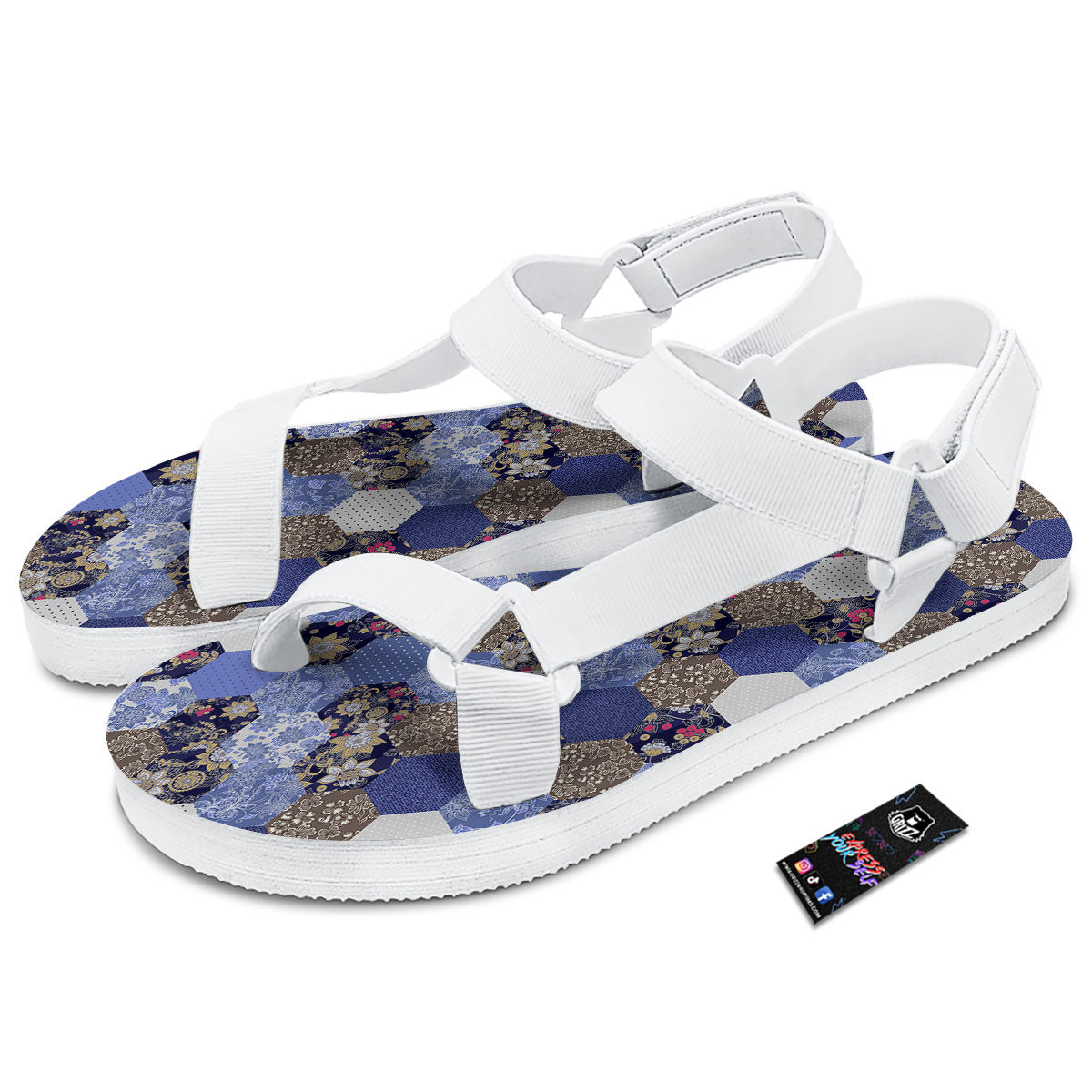 Patchwork Denim And Plaid Print Pattern White Open Toe Sandals-grizzshop