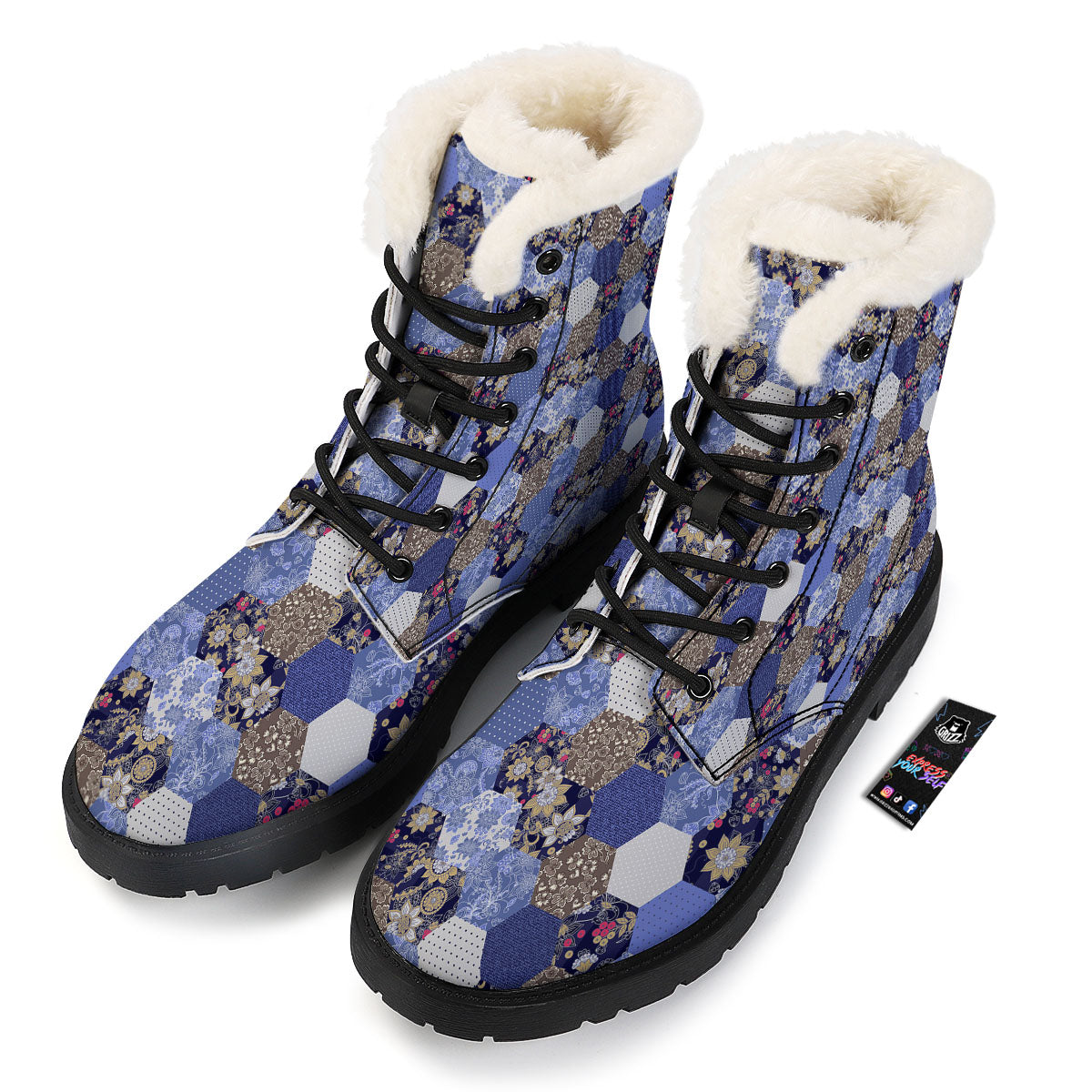 Patchwork Denim And Plaid Print Pattern Winter Boots-grizzshop