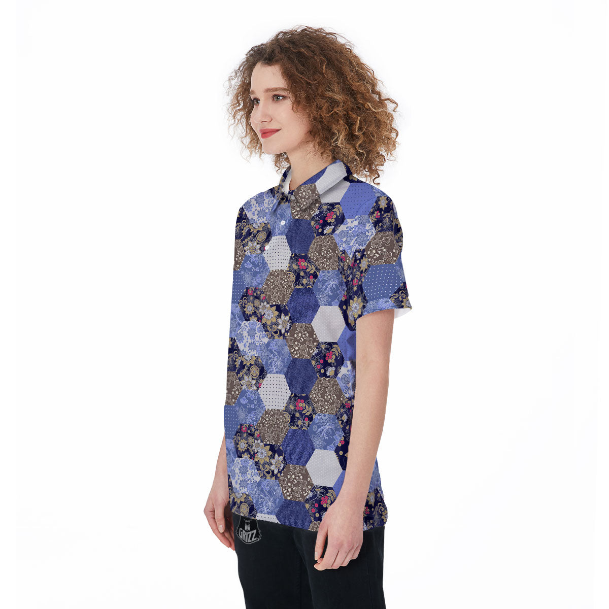 Patchwork Denim And Plaid Print Pattern Women's Golf Shirts-grizzshop