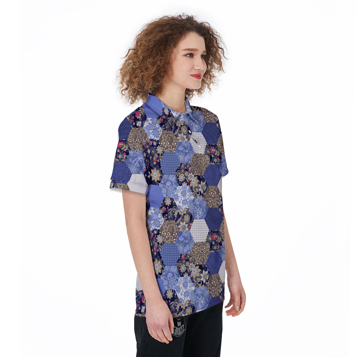 Patchwork Denim And Plaid Print Pattern Women's Golf Shirts-grizzshop