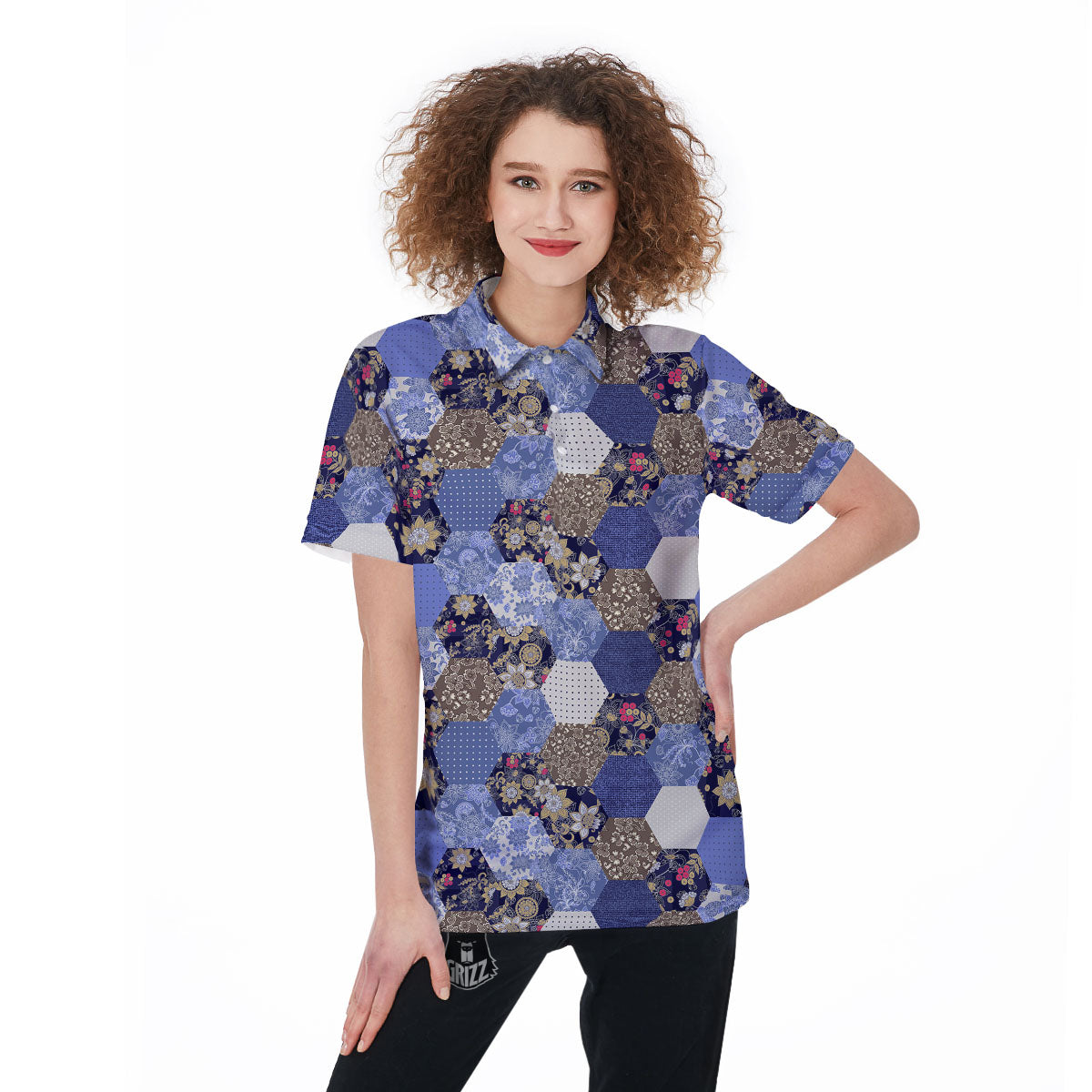 Patchwork Denim And Plaid Print Pattern Women's Golf Shirts-grizzshop