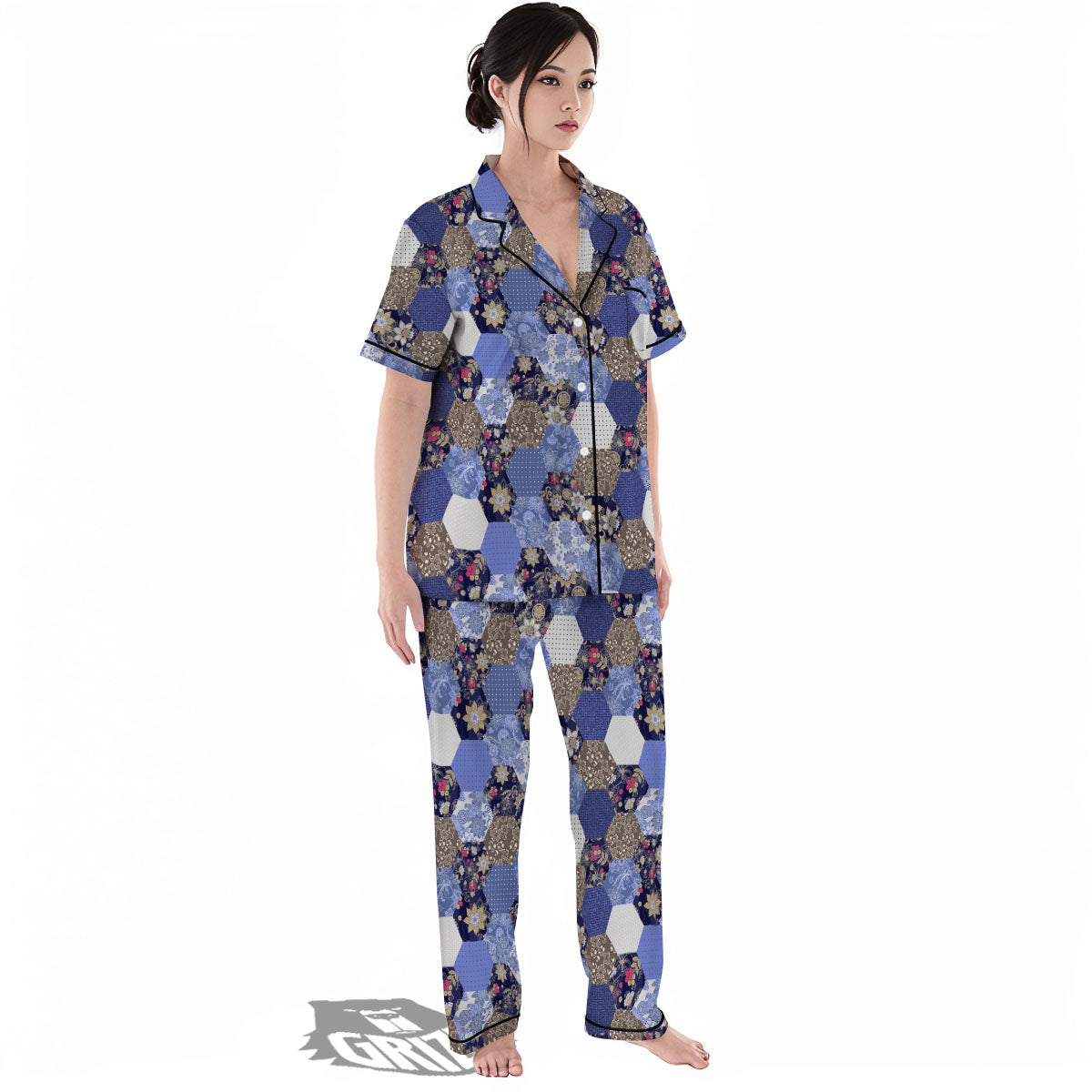 Patchwork Denim And Plaid Print Pattern Women's Pajamas Set-grizzshop