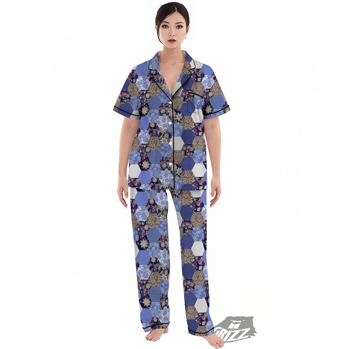 Patchwork Denim And Plaid Print Pattern Women's Pajamas Set-grizzshop