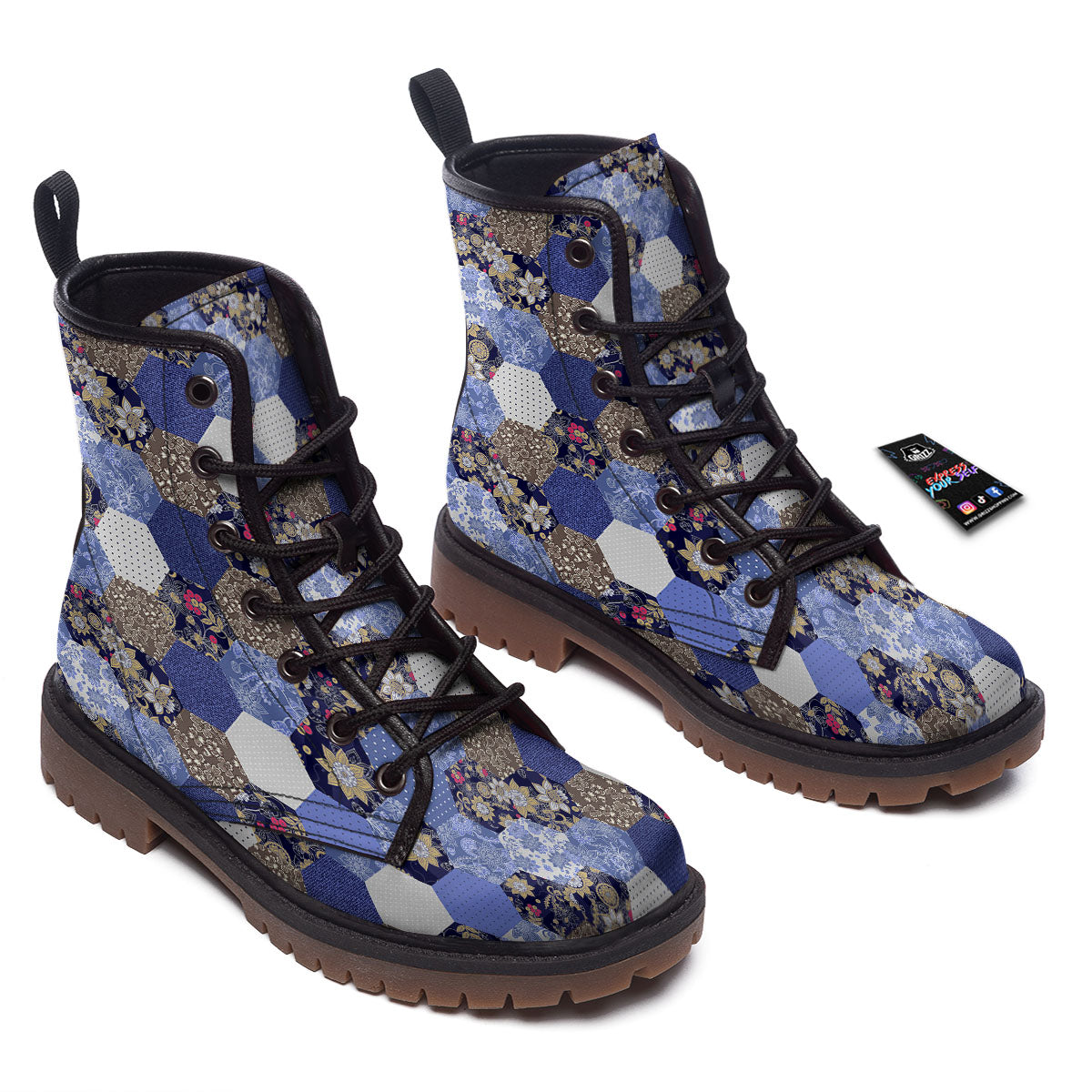 Patchwork Denim And Plaid Print Pattern Work Boots-grizzshop