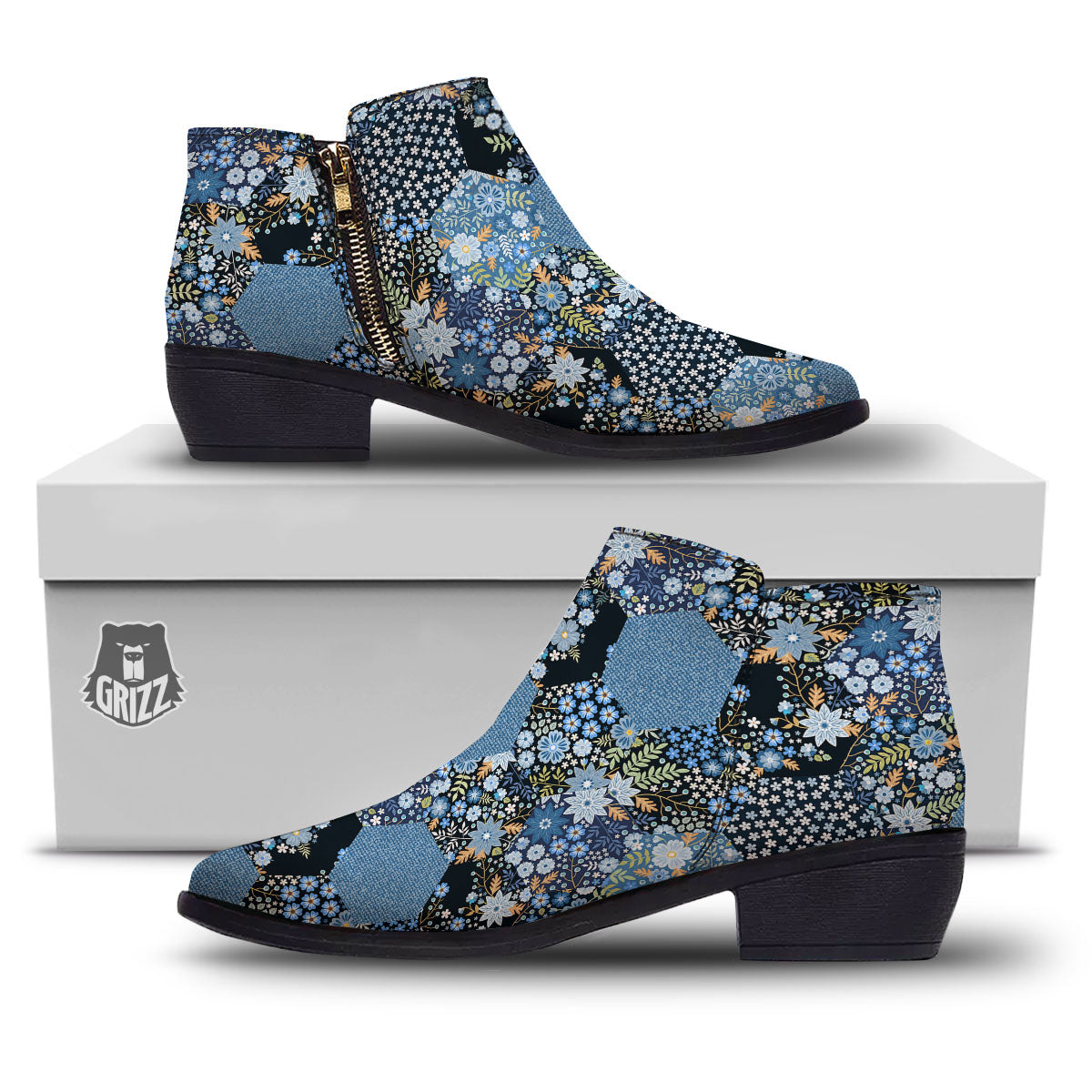 Patchwork Ethnic Floral Print Pattern Ankle Boots-grizzshop