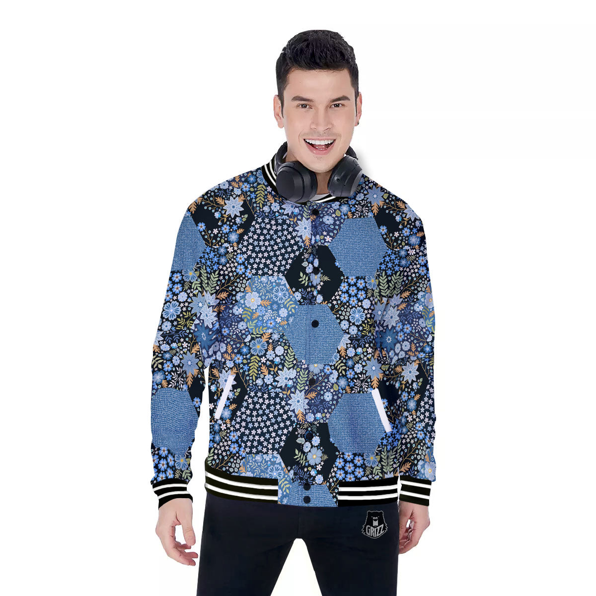 Patchwork Ethnic Floral Print Pattern Baseball Jacket-grizzshop