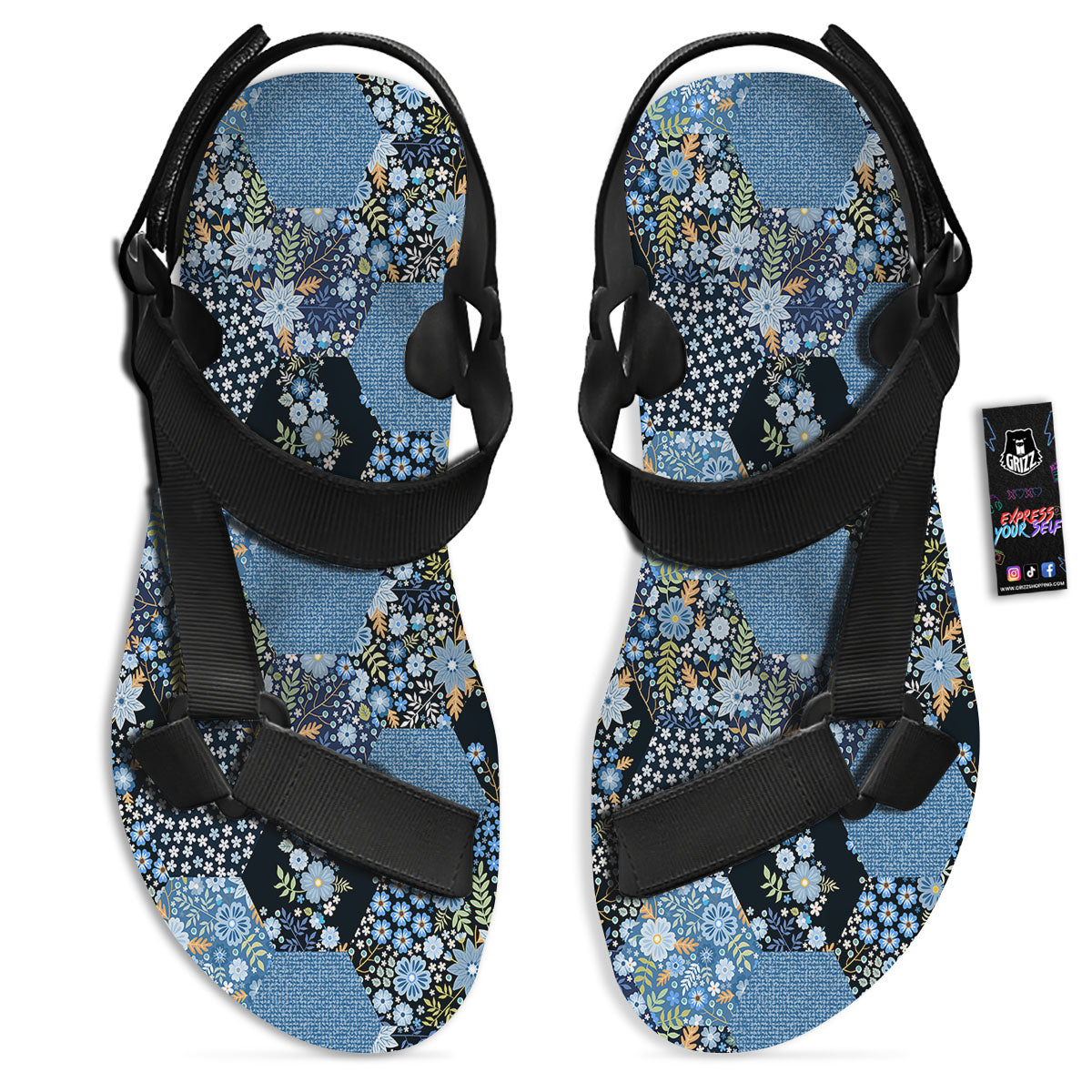 Patchwork Ethnic Floral Print Pattern Black Open Toe Sandals-grizzshop