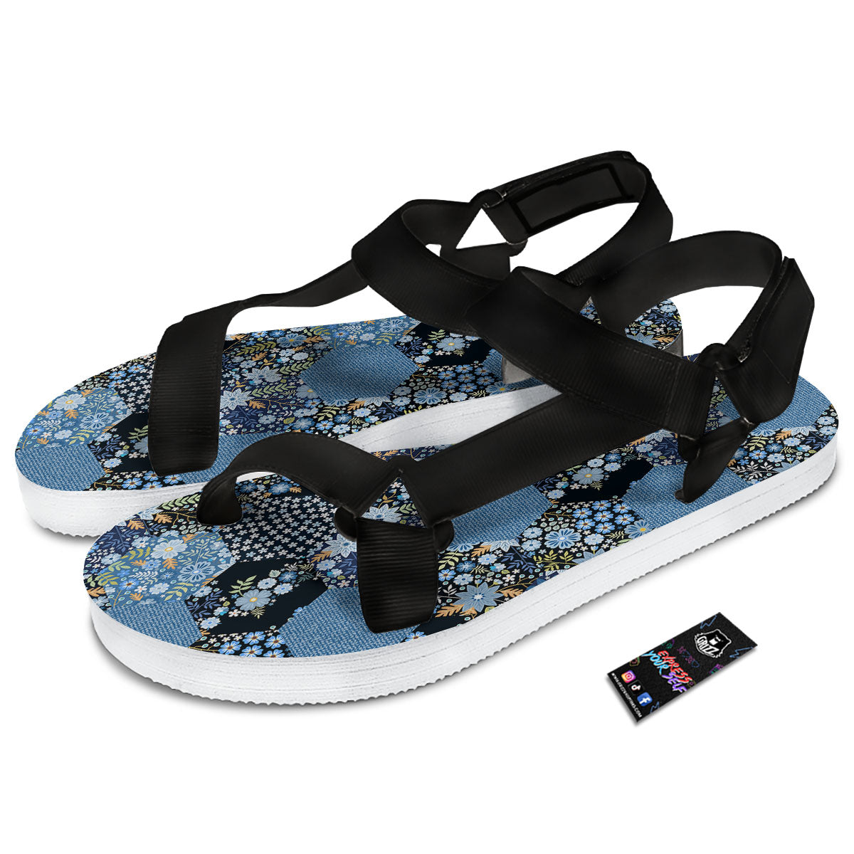 Patchwork Ethnic Floral Print Pattern Black Open Toe Sandals-grizzshop