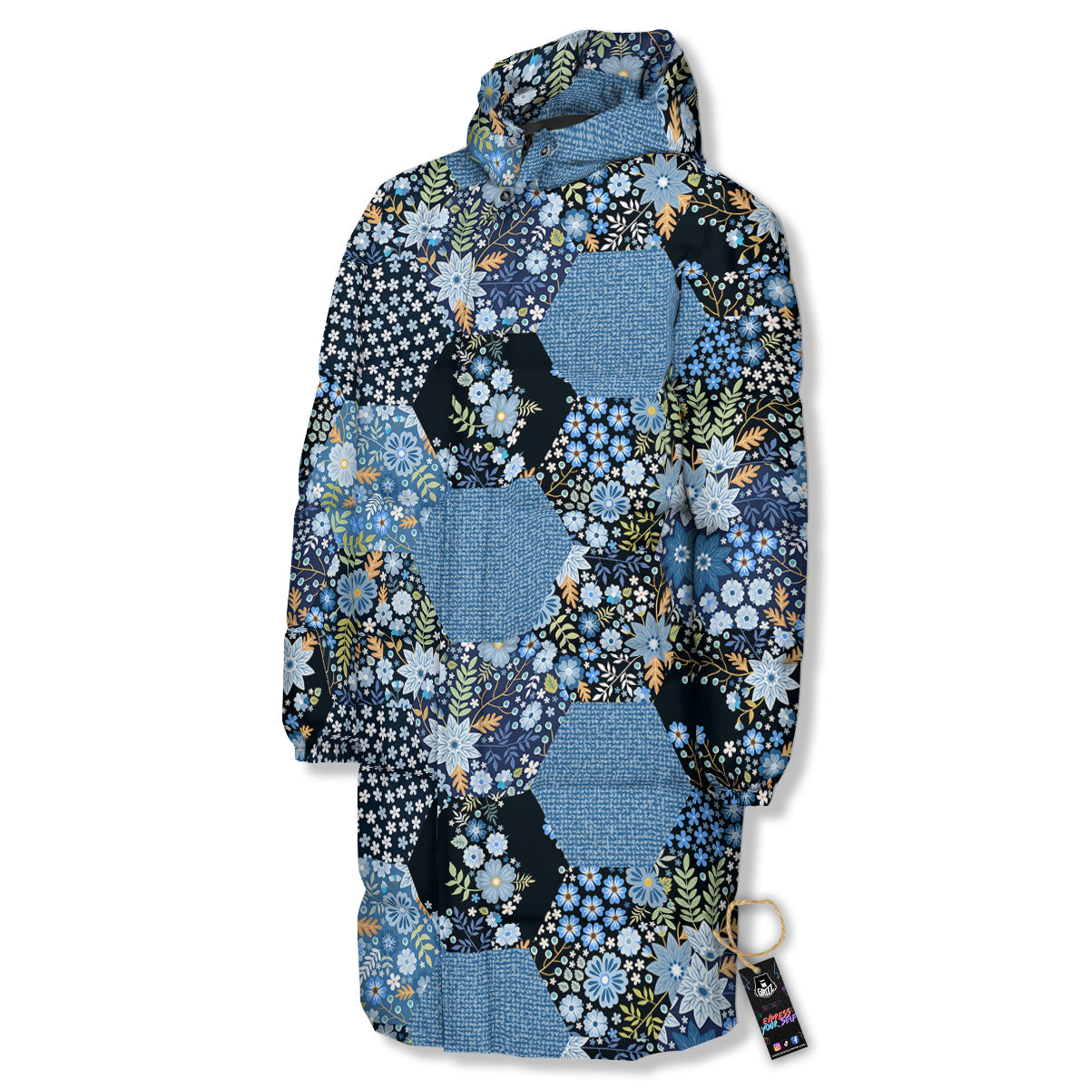 Patchwork Ethnic Floral Print Pattern Long Down Jacket-grizzshop