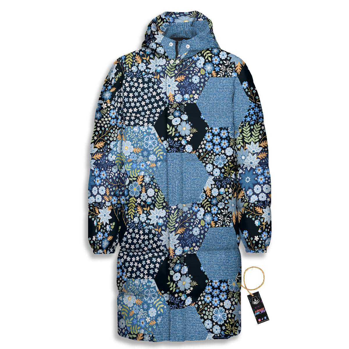 Patchwork Ethnic Floral Print Pattern Long Down Jacket-grizzshop