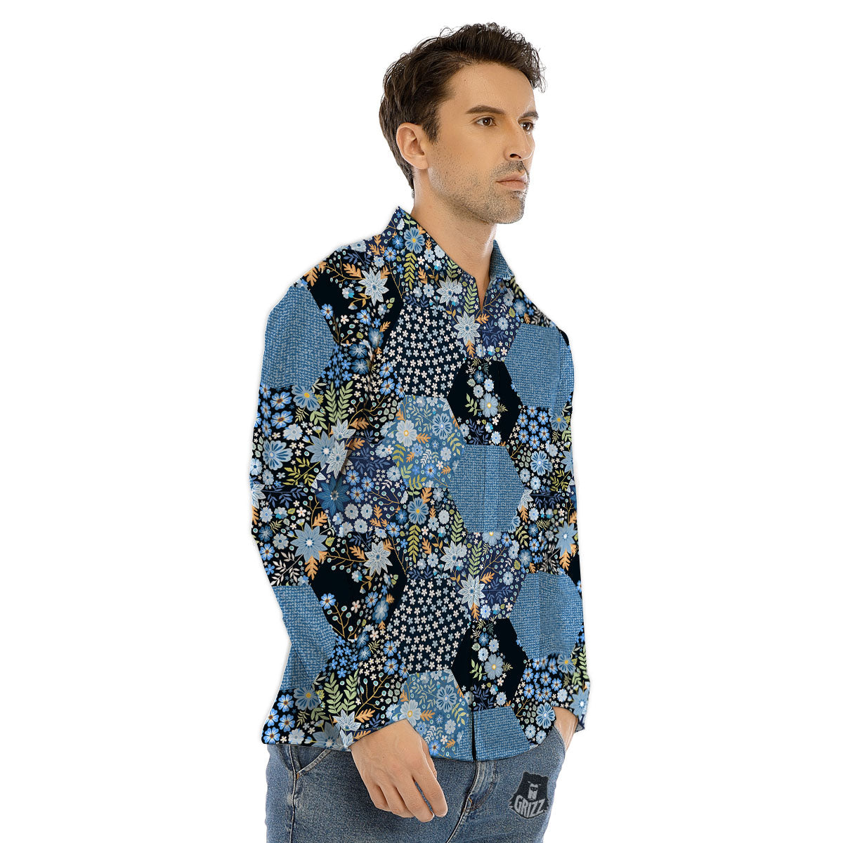 Patchwork Ethnic Floral Print Pattern Men's Dress Shirts-grizzshop